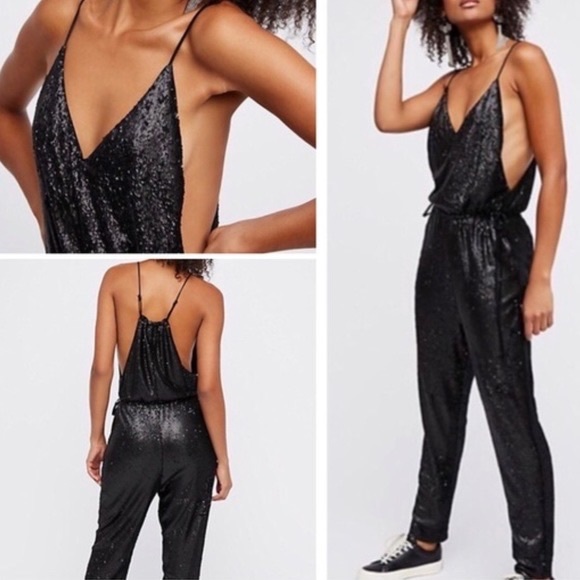 Free People Pants - Free People Sequin Drawstring Jumpsuit, Black, Racerback